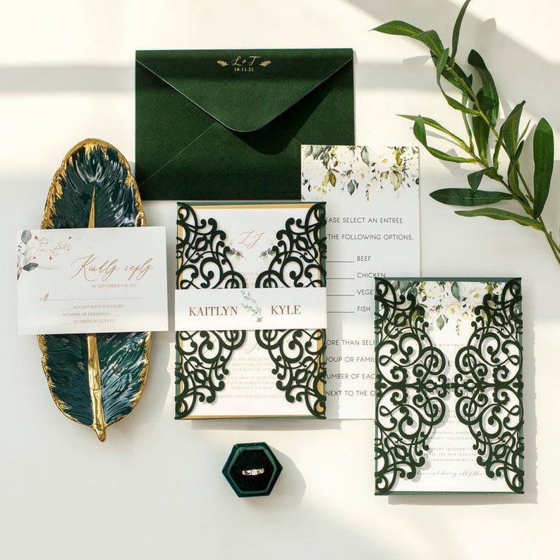 Emerald Green Velvet Laser Cut Wedding Invitations Emerald Etsy