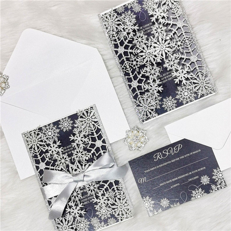 Snowflake Laser Cut Wedding Invitation Card, Romantic Snowflake Wedding Invitations, Luxurious Laser Cut Snowflake Winter Wedding Invitation image 2