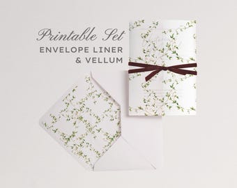 Watercolor Trellis Envelope Liner and Vellum Overlay Set | Wedding Invitations with Greenery Leaves, Garden, Floral, Botanical, Romantic
