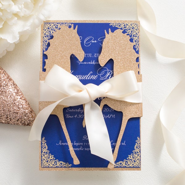 Elegant Glitter Rose Gold Quinceañera Invitation with Horse Laser Cut Wrap - Customized Mis XV Años Invitation