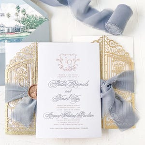 Cinderella Gate Laser Cut Wedding Invitations, Custom Invitations, Elegant Gold Invitations, Pink and blue Wedding, Vintage Quinceanera