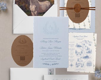 Ranch Wedding Invitation Suite | Equestrian Blue Handmade Paper Invitation | Horse Liner | Leather Belly Band | Western Editorial