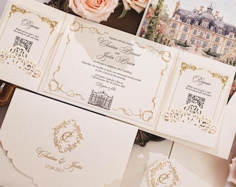French Chateau Wedding Invitation Suite, Ivory Gold Foil Laser Cut Pocket Invite, Luxury Estate Venue Wedding Invitations
