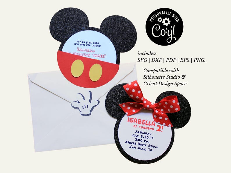 May include: Mickey Mouse-themed birthday invitations. The invitations are shaped like Mickey's head, with black glitter ears, red shorts, and yellow buttons. One invitation has the text "Darian is turning 2!" and the other says "Isabella is turning 2!"