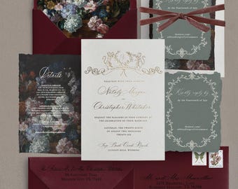 May include: A wedding stationery set featuring a deep burgundy velvet ring box, envelopes with floral liners, and cream-colored cards with gold foil lettering. Includes a wax seal, velvet ribbon, and RSVP cards with ornate white borders.