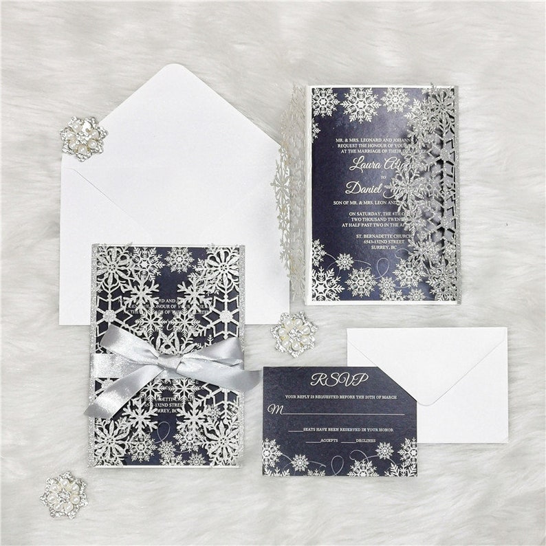 Snowflake Laser Cut Wedding Invitation Card, Romantic Snowflake Wedding Invitations, Luxurious Laser Cut Snowflake Winter Wedding Invitation image 6