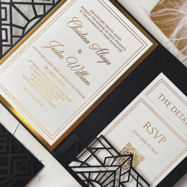 Art Deco Wedding Invitation Suite with Laser Cut Details and QR Code RSVP, Elegant Black and Gold Gatsby Style Wedding Stationery Set