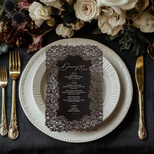 Menu weselne wycinane laserowo z czarną lub foliową różą | Wzór ze złotą folią w stylu barokowym | Elegancka, antyczna, bajkowa kartka ślubna