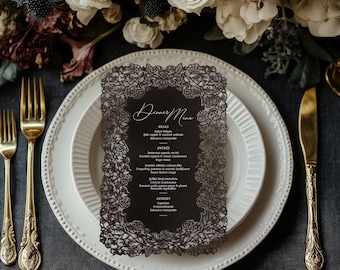 Black or Foil Rose Laser Cut Wedding Menu | Vintage Baroque Style Gold Foil Design | Elegant Antique Fairytale Wedding Card