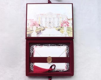 Velvet Invitation Box – Acrylic Invitation, Custom Watercolor Venue, and Gold Foil Details