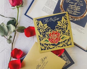 Be Our Guest, Once Upon a Time Invitations, Fairytale Wedding,Stained Glass Rose Invitation, Wedding Invitations, Quinceanera Invitations