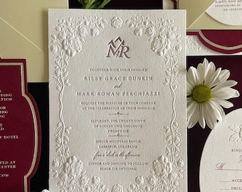 Western Burgundy Embossed Rose Letterpress Wedding Invitation | Velvet Details, Oval RSVP Card |Colorado Mountain Wedding Invitation