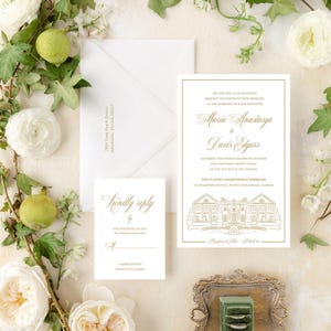 Invitación de boda personalizada con impresión tipográfica / Elegante conjunto de cartulina de lujo con ilustración atemporal