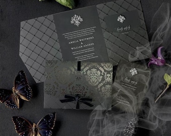Black Pocket Wedding Invitation | Victorian Black Foil Pocket | Black Tie Invitations | Gothic Wedding Suite
