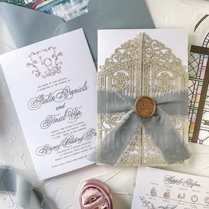 Enchanted Forest Gate Laser Cut Wedding Invitations, Custom Invitations, Elegant Gold Invitations, Luxury Wedding, Vintage Style Wedding