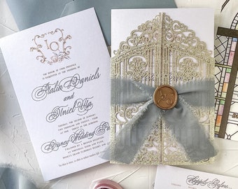 Enchanted Forest Gate Laser Cut Wedding Invitations, Custom Invitations, Elegant Gold Invitations, Luxury Wedding, Vintage Style Wedding