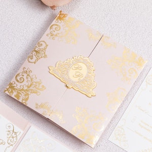Victorian Baroque Wedding Folder Invitation with Gold Foil Pocket fold, Rsvp, Info Card, Shimmer/Matte Envelopes and Acrylic Tag