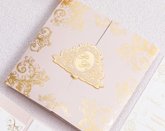 Luxury Wedding Folder Invitation with Gold Foil Pocket fold Suite for Wedding Day, Rsvp, Info Card with Laser Cut pockets Wax Seal