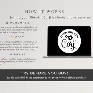 May include: A graphic with the text "HOW IT WORKS" and instructions for editing a file with Corjl. The steps include purchasing, editing, and printing. A laptop displays the Corjl logo. The text "TRY BEFORE YOU BUY!" is also included.