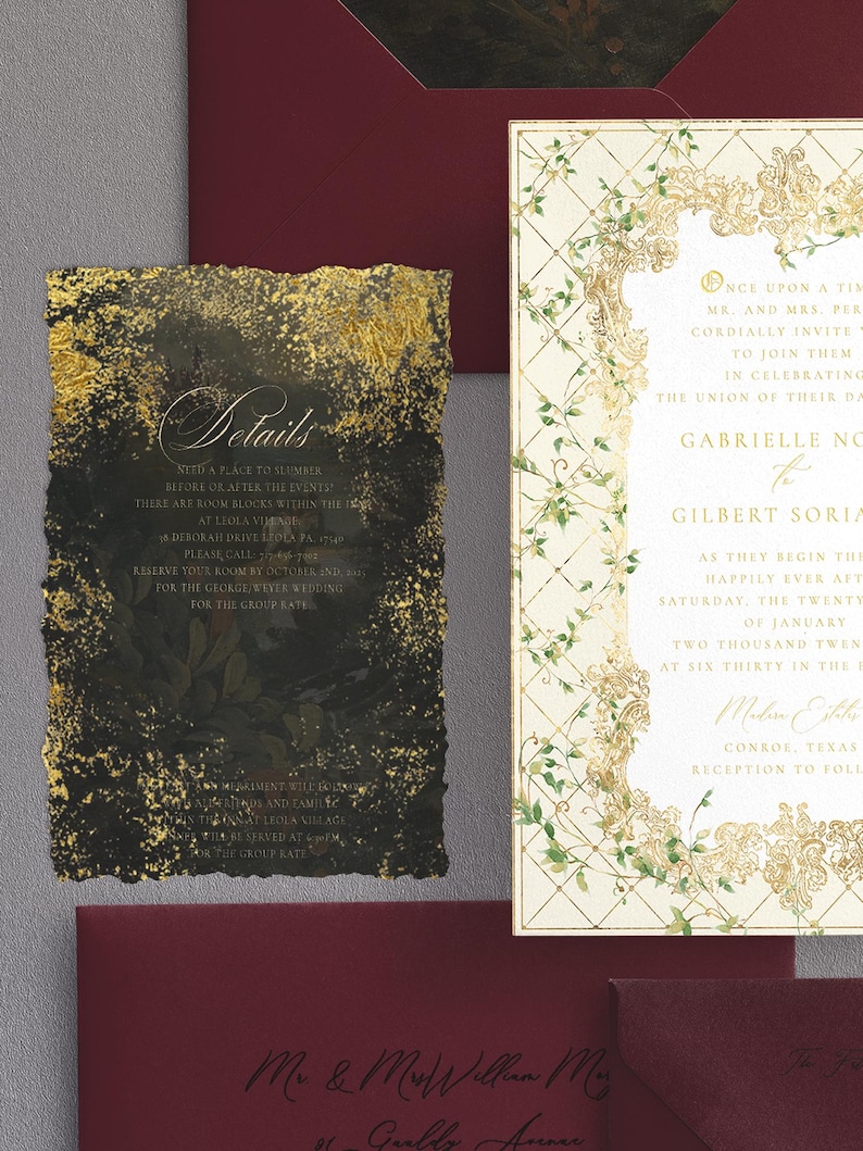 May include: Elegant wedding invitation suite featuring a black and gold details card and a cream-colored invitation with floral accents. The suite includes burgundy envelopes, perfect for a formal event.