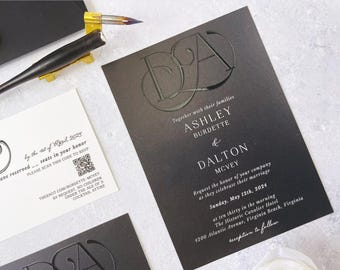 Black and White Luxury Wedding Invitations, Embossed Script Wedding Invitations, Classic Wedding, Wedding Invitations Sets Printed, QR Code