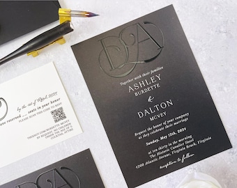 Editorial Raised Script Wedding Invitations | Black and White Luxury Set | Elegant Old Money Invitation Suite for Formal Events