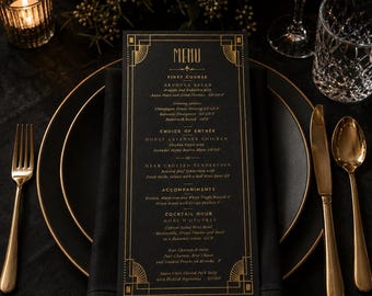 Black Gold Foil Wedding Menu Cards, Art Deco Reception Dinner Menu, Gatsby Wedding Table Decor, Luxury Custom Printed Menu Cards, VIxJessica