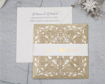 Glitter Laser Cut Wedding Invitation Cards, Gatefold Pocket Invitations, Personalized Wedding Invitations, Formal Wedding Invitation Designs
