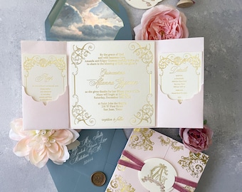 Blush Pink & Gold Foil Invitation Suite | Rococo Baroque Pocket Invitation | Luxury Wedding or Quinceañera Stationery