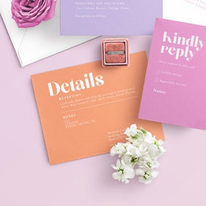 Colorful Retro Wedding Invitations, Pink, Purple and Orange Wedding Invites, Coral Wedding Invitations image 2