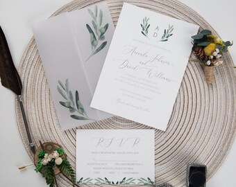Olive Watercolor Wedding Invitations, Vellum Wedding Invitations, Nature Wedding Invitations, Monogram Invitations