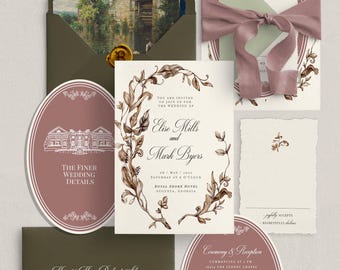 Tuscany Estate Wedding Invitation | Sage Green and Mauve Wedding Suite | Villa Invitation | Countryside Wedding | Wreath (Digital Download)