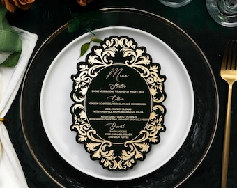 Velvet Foil Wedding Menu | Custom Shape Gold Print Vintage Oval Flat Invitation Cards for Elegant, Baroque, Romantic Weddings