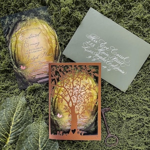 Faire-part Quinceanera arbre découpé au laser forêt enchantée, suite de faire-part de mariage rustique, mariage bohème champêtre