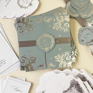 Silver Foil Wedding Invitation Suite: Dusty Blue Pocket Fold, Custom Monogram