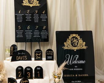 Black Acrylic Wedding Sign, Arched Black & Gold Mirror Acrylic Seating Chart, Reception Welcome Sign, Acrylic Wedding Sign, Wedding Decor