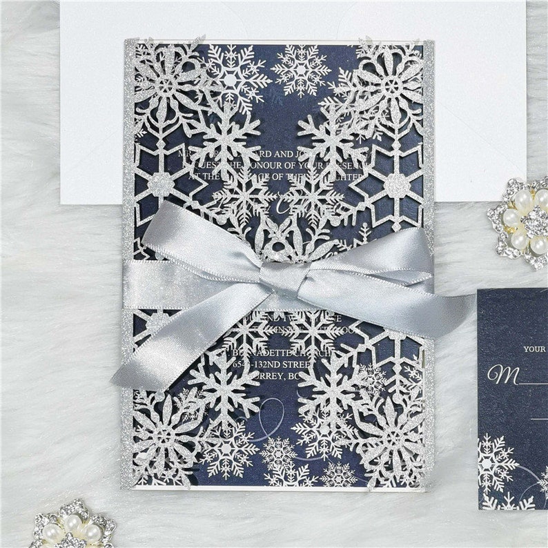 Snowflake Laser Cut Wedding Invitation Card, Romantic Snowflake Wedding Invitations, Luxurious Laser Cut Snowflake Winter Wedding Invitation image 1