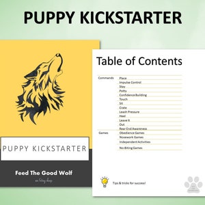 May include: A yellow and black illustration of a wolf howling at the moon. The text "Puppy Kickstarter" is written in black on a yellow background. The text "Feed The Good Wolf" is written in white on a black background. The text "in Elry shop" is written in white on a black background.