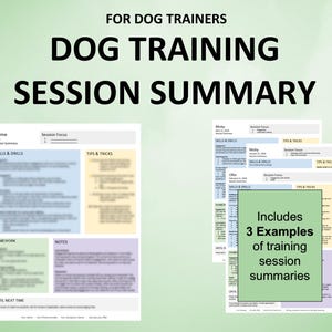 Könnte beinhalten: Grafik mit dem Text "FOR DOG TRAINERS DOG TRAINING SESSION SUMMARY". Das Bild zeigt Beispiele für Zusammenfassungen von Hundetrainingssitzungen. Die Zusammenfassungen haben Abschnitte für Fähigkeiten, Übungen, Tipps, Tricks, Hausaufgaben und Notizen. Der Text "Includes 3 Examples of training session summaries" ist ebenfalls enthalten.