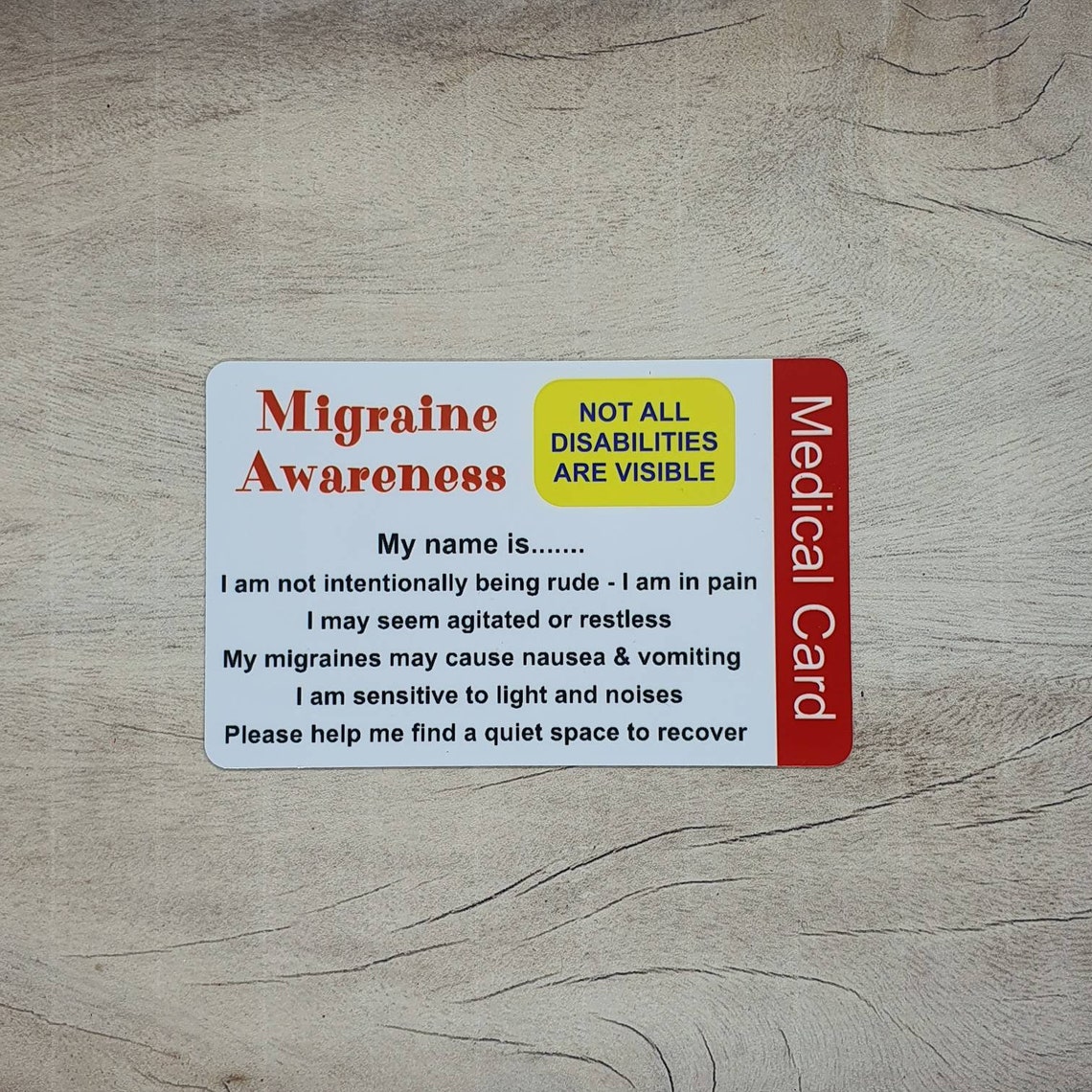 Migraine Awareness Medical Card Hidden Disability Etsy UK
