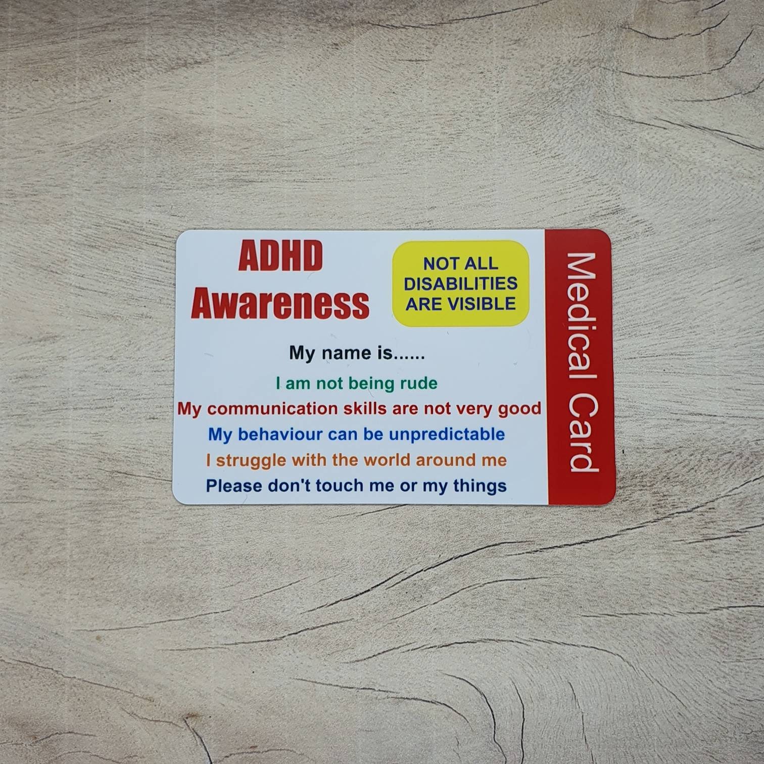 ADHD Awareness Medical Card Personalised Disability Etsy UK