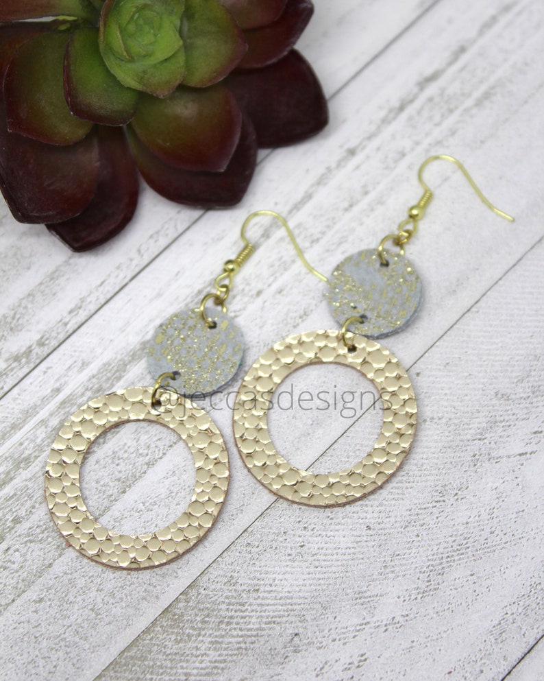Gold Earrings Leather Jewelry Gray Earrings Circle Earrings Dangle Earring Leather Gift Unique Gift Cutout Earrings