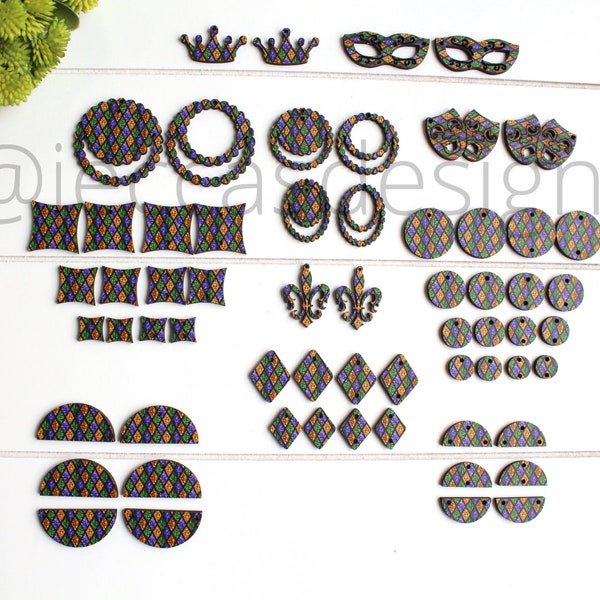 Mardi Gras Diamond Wood Blanks, Beads, Masks, Crown, Fleur De Lis, Geometric Connectors, Lasered Earring Findings, DIY Jewelry Supply.