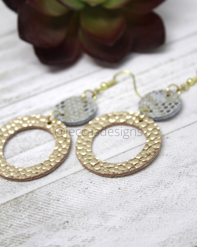 Gold Earrings Leather Jewelry Gray Earrings Circle Earrings Dangle Earring Leather Gift Unique Gift Cutout Earrings