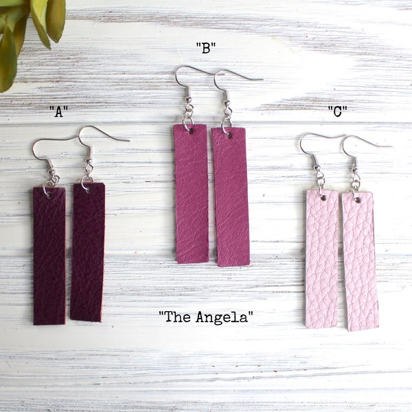 Solid Purple Genuine Leather Bar Earrings, Unique Lightweight and Handmade Textured Jewelry, Long Rectangle Minimalist Accessory.