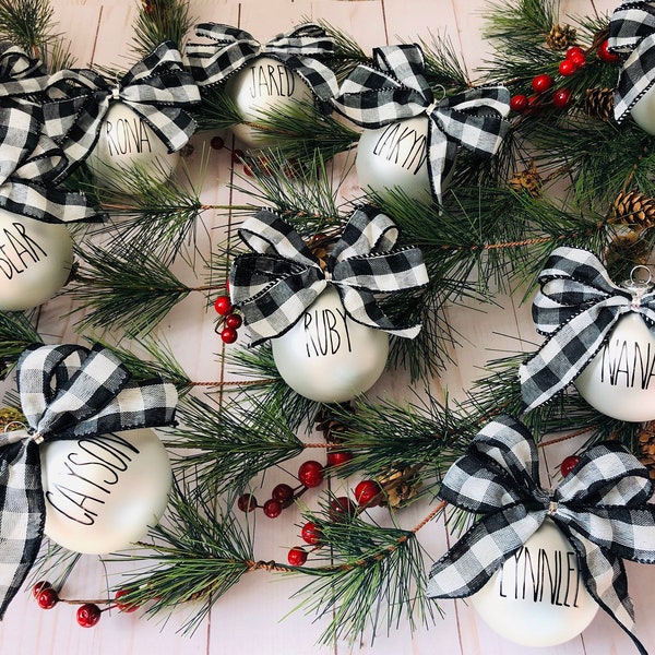 Farmhouse Style Christmas Tree Ornament/White Bulb Oranaments/Rustic Decor/Black and White Buffalo Checkered/Tree Ornament/Custom Ornament/G