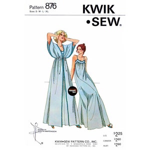 May include: A sewing pattern for two long, flowing gowns. The pattern is called "Kwik Sew" and is number 876. The gowns are shown in a light blue color.