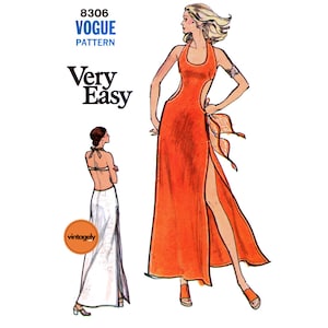 70s Sexy Side Cutout U-Neck Halter Dress with High Thigh Split, Bust 32.5&quot; (83 cm) or 34&quot; (87 cm) Vogue 8306, Sewing Pattern Reproduction