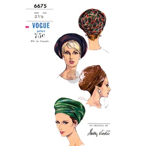 Béret drapé des années 60 par Sally Victor, tour de tête 21,5 (55 cm), Vogue 6675, reproduction de patron de couture vintage