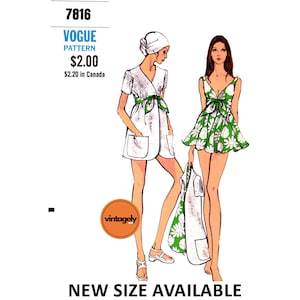 70s Wide V-Neck, Two Piece Swimsuit and Cover Up, Bust 32.5 (83 cm) or 38 (97 cm) Vogue 7816, Vintage Sewing Pattern Reproduction